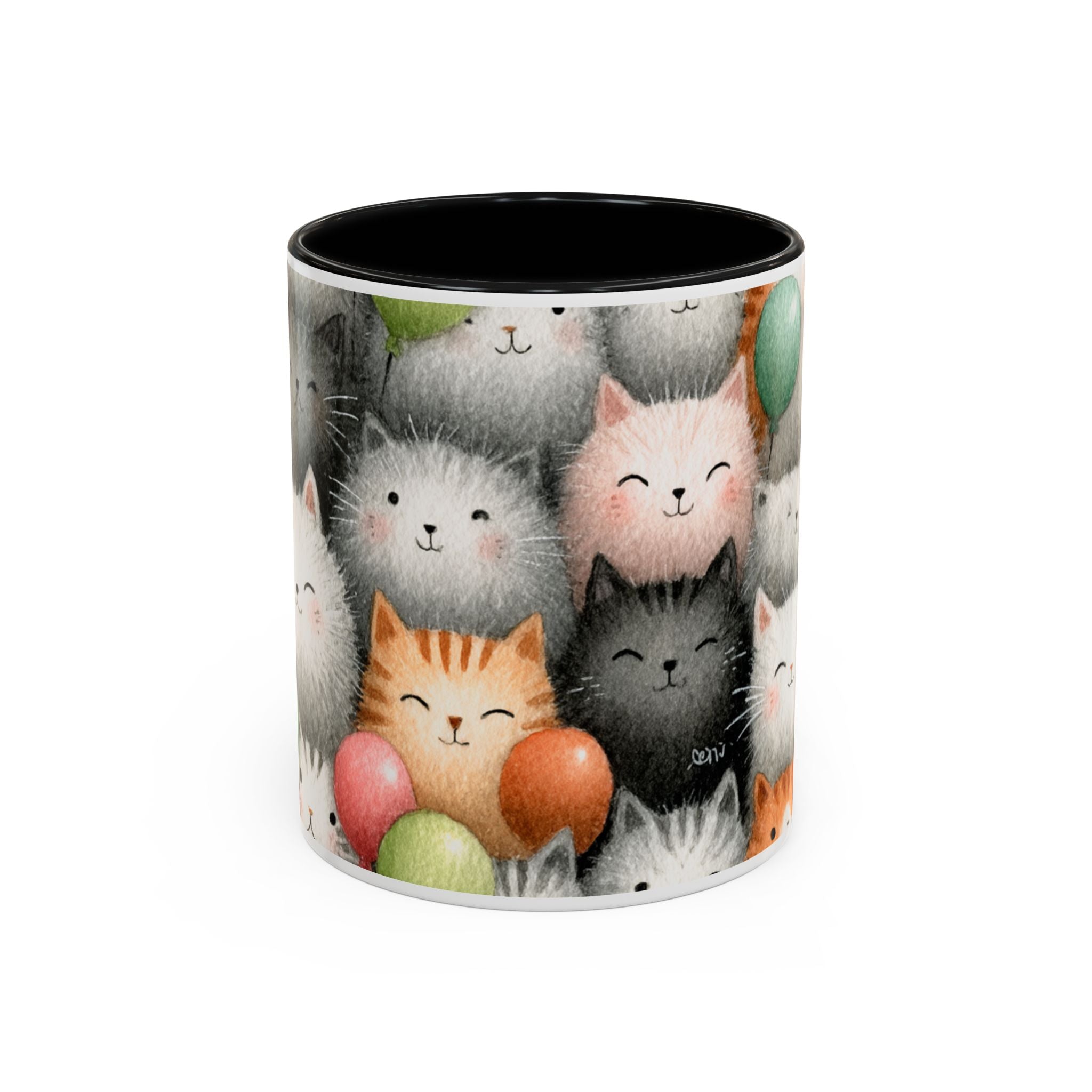 Cute Cat Pattern Accent Coffee Mug — Happy Kittens with Balloons (11/15 oz)