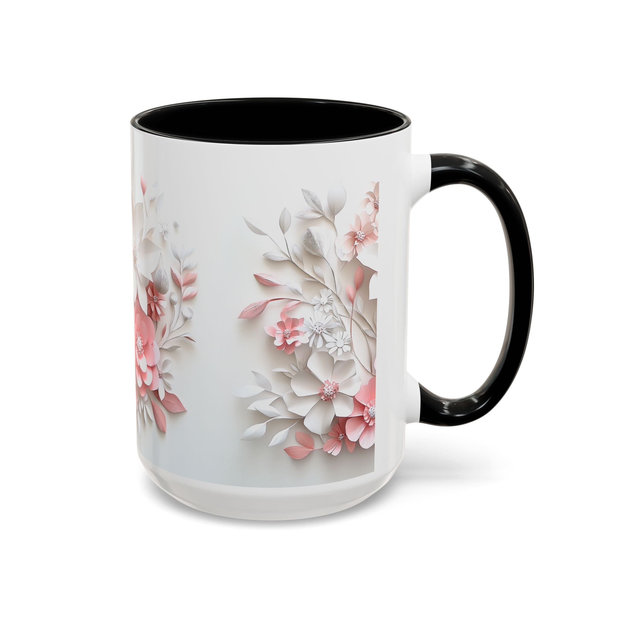 Floral Paper-Cut Accent Coffee Mug — Pink & White Blossom Design (11/15 oz)