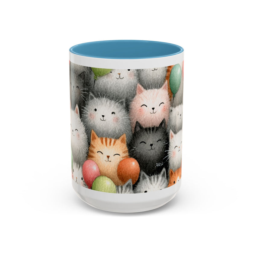 Cute Cat Pattern Accent Coffee Mug — Happy Kittens with Balloons (11/15 oz)
