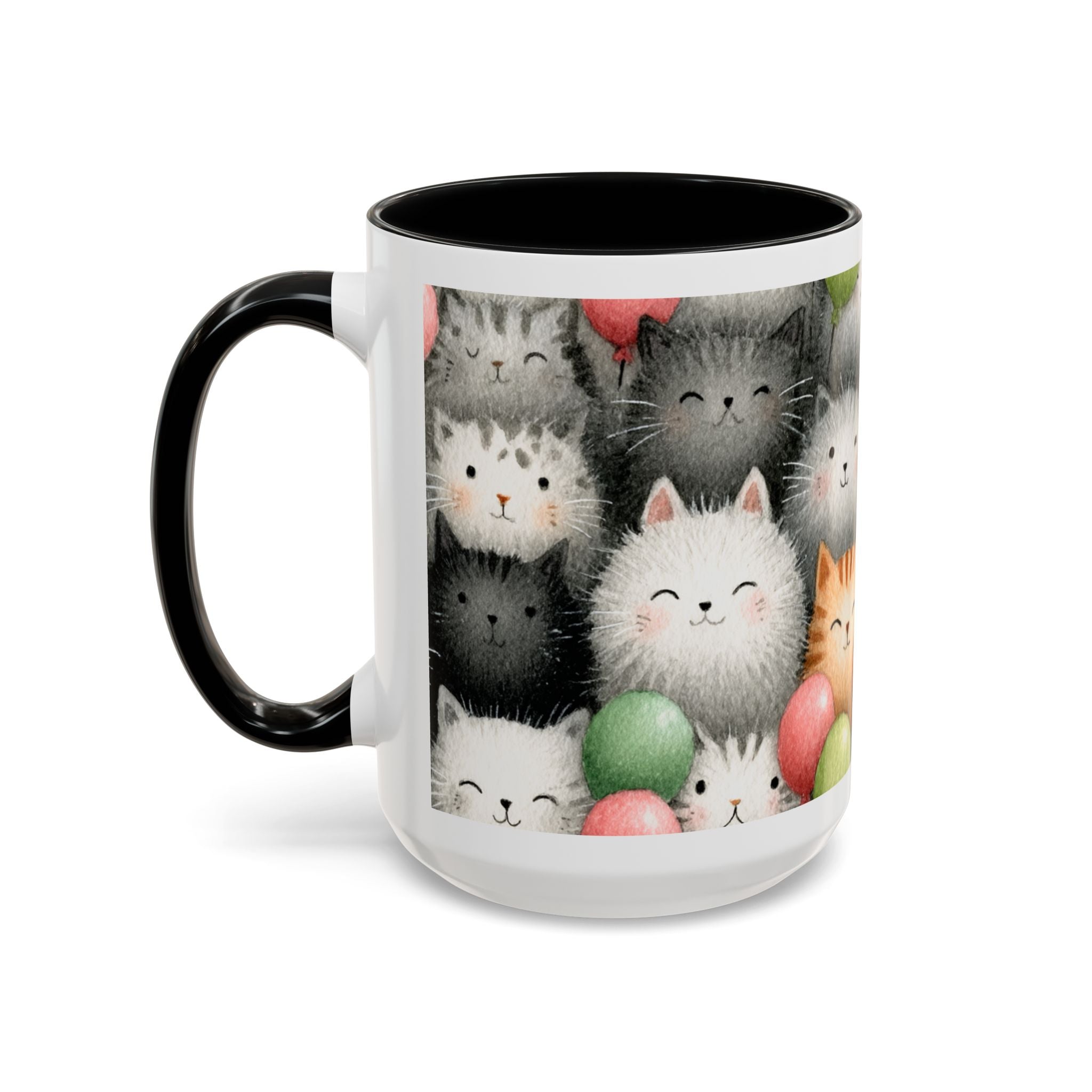 Cute Cat Pattern Accent Coffee Mug — Happy Kittens with Balloons (11/15 oz)