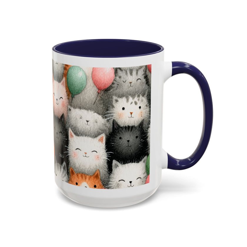 Cute Cat Pattern Accent Coffee Mug — Happy Kittens with Balloons (11/15 oz)
