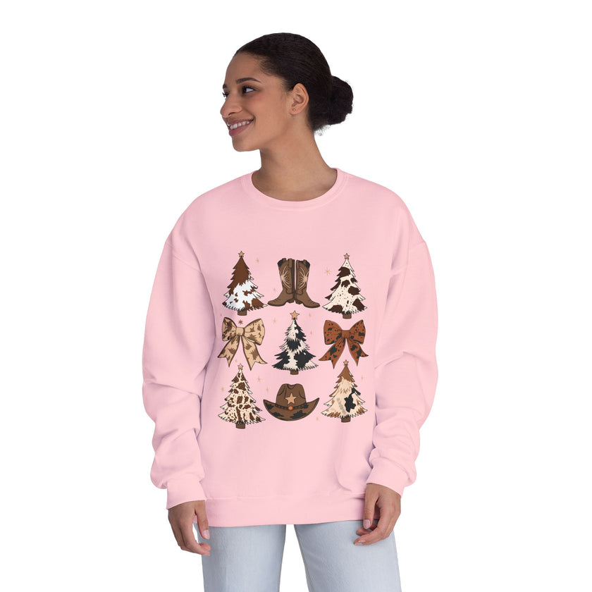 Christmas Cowboy/Cowgirl Sweatshirt — Western Cowhide Trees & Boots Holiday Crewneck