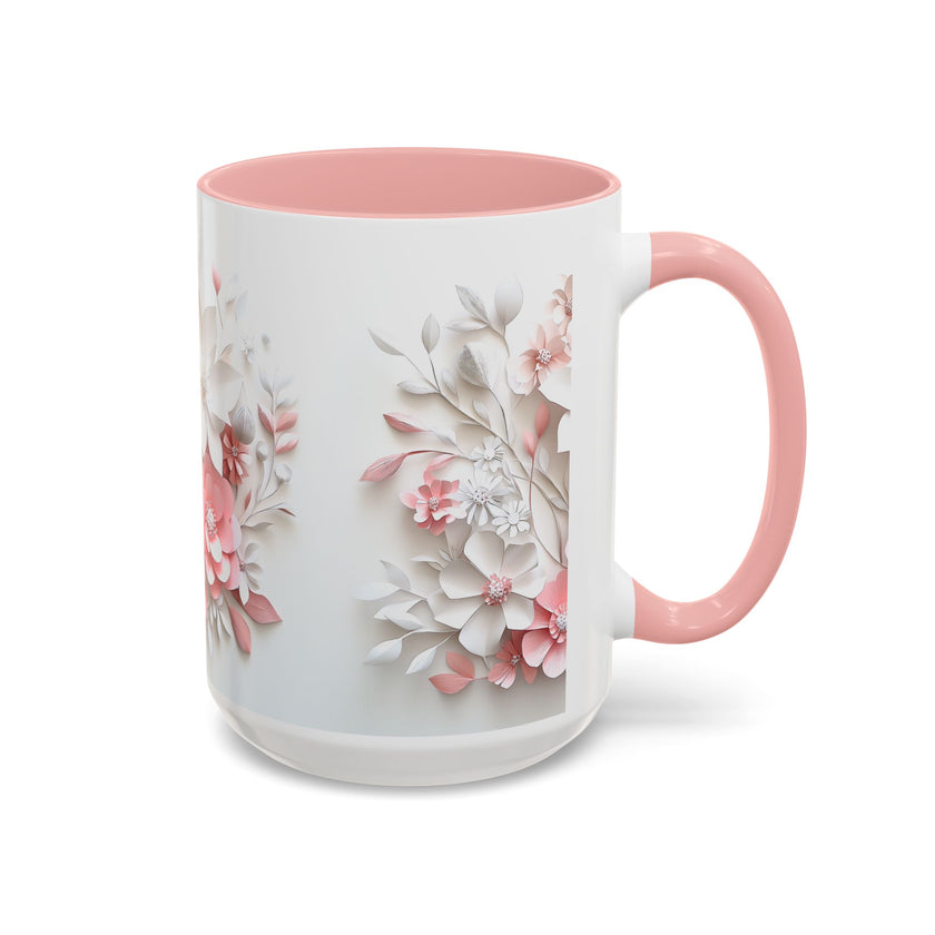 Floral Paper-Cut Accent Coffee Mug — Pink & White Blossom Design (11/15 oz)