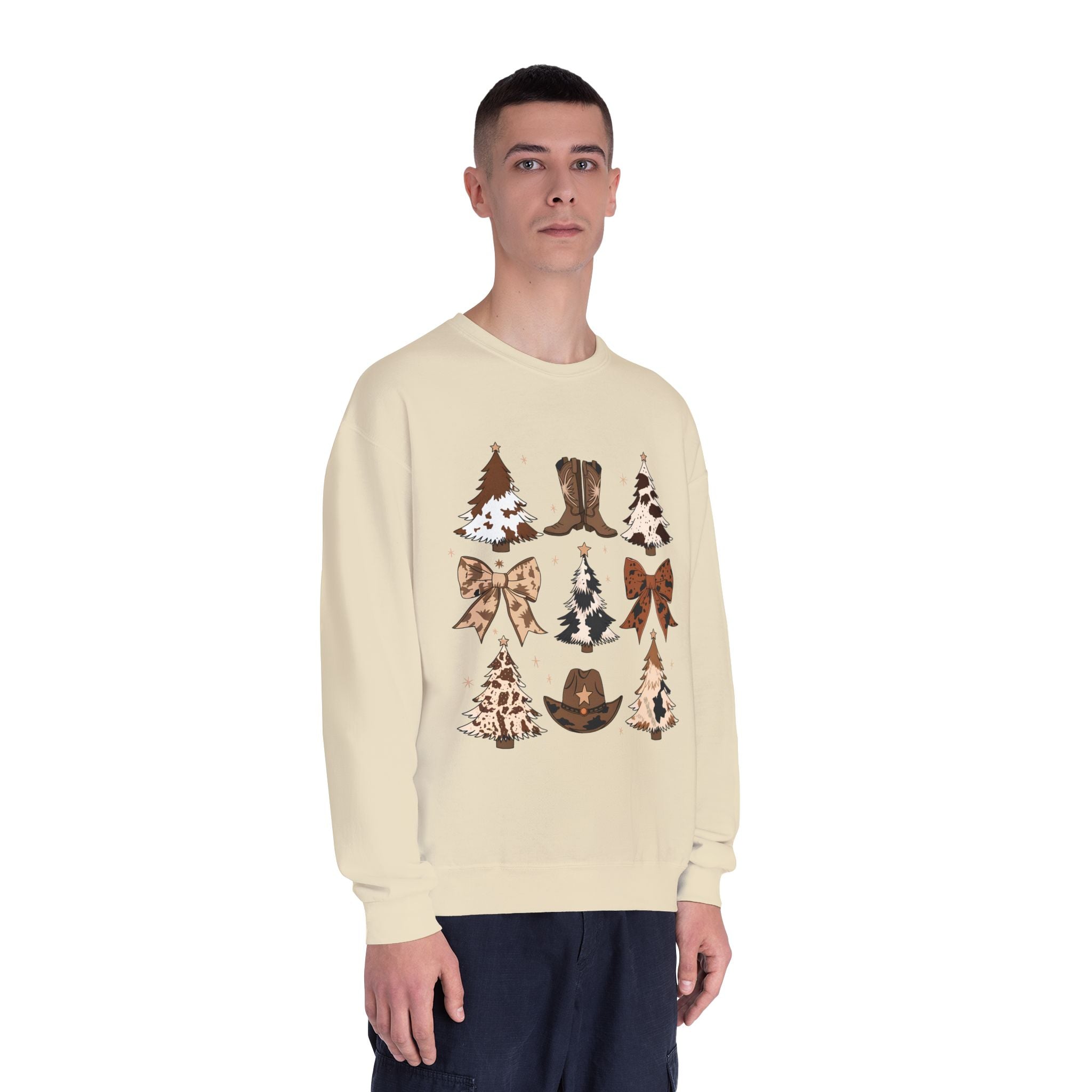 Christmas Cowboy/Cowgirl Sweatshirt — Western Cowhide Trees & Boots Holiday Crewneck