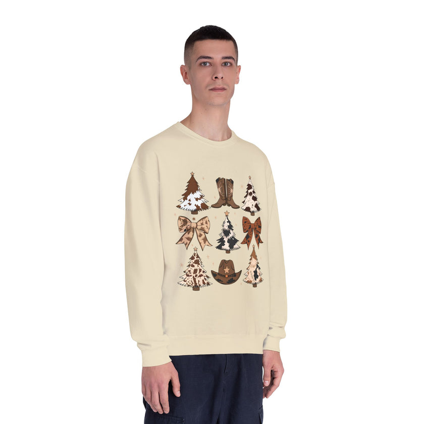 Christmas Cowboy/Cowgirl Sweatshirt — Western Cowhide Trees & Boots Holiday Crewneck