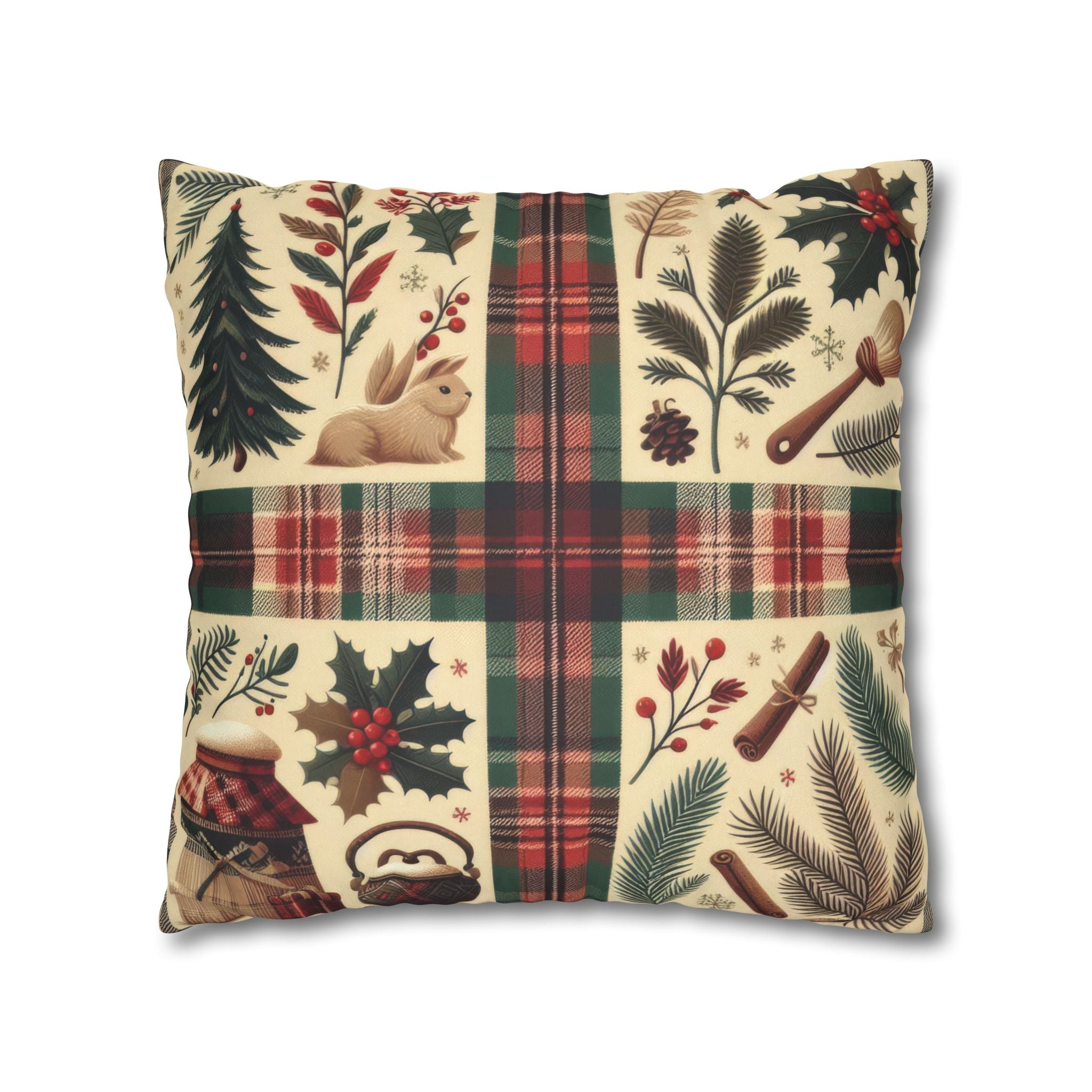 Rustic Holiday Plaid Pillowcase — Winter Woodland Faux Suede Throw Pillow Cover