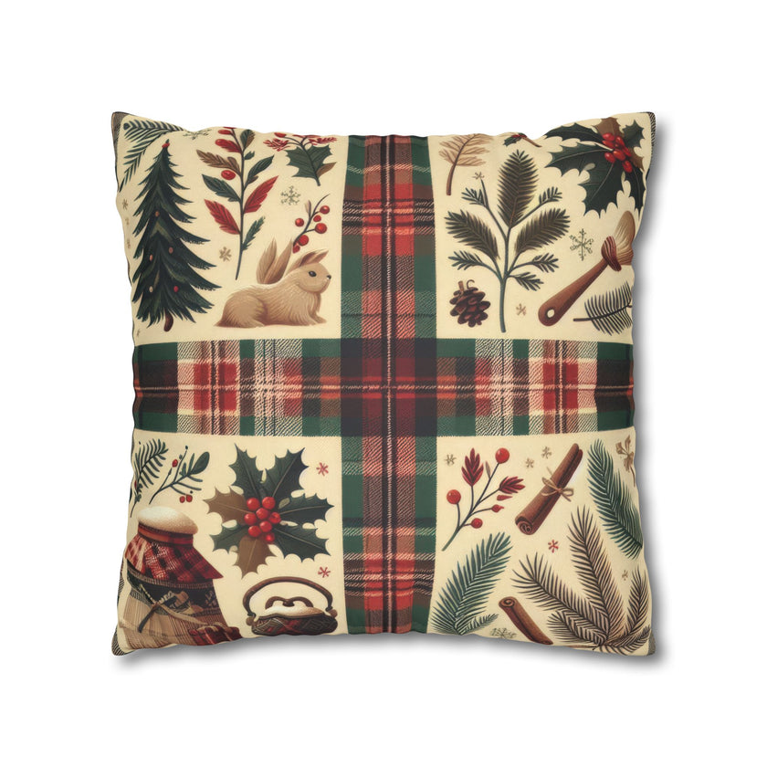 Rustic Holiday Plaid Pillowcase — Winter Woodland Faux Suede Throw Pillow Cover