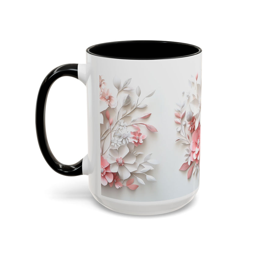 Floral Paper-Cut Accent Coffee Mug — Pink & White Blossom Design (11/15 oz)