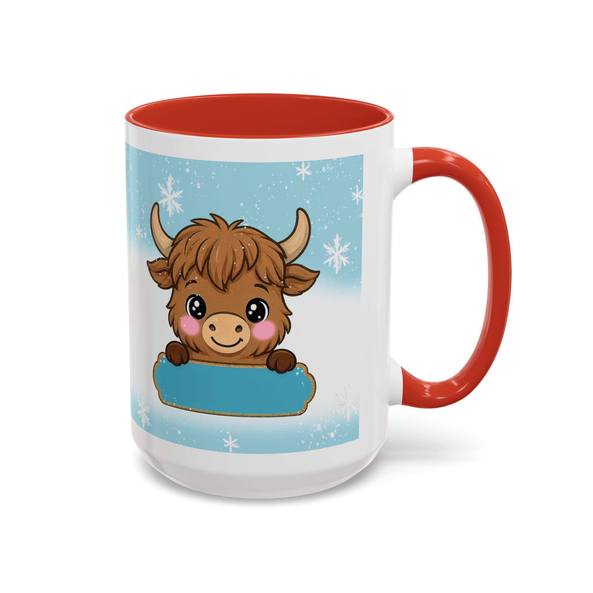 Cute Highland Cow Accent Coffee Mug — Winter Snowflake Design