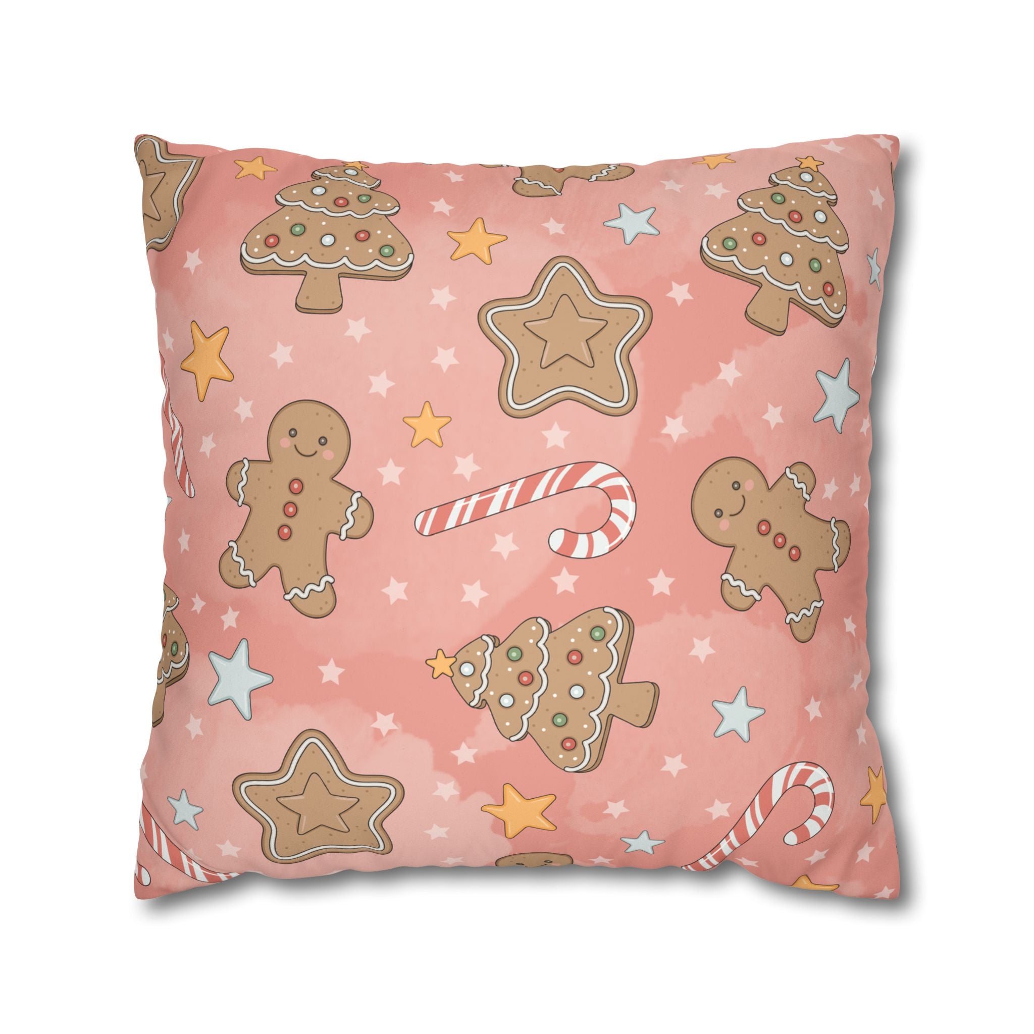 Gingerbread Cookies Pink Holiday Throw Pillow Cover — Faux Suede Square Pillowcase