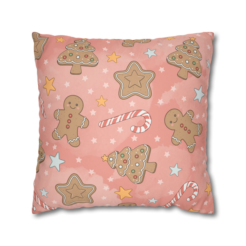 Gingerbread Cookies Pink Holiday Throw Pillow Cover — Faux Suede Square Pillowcase