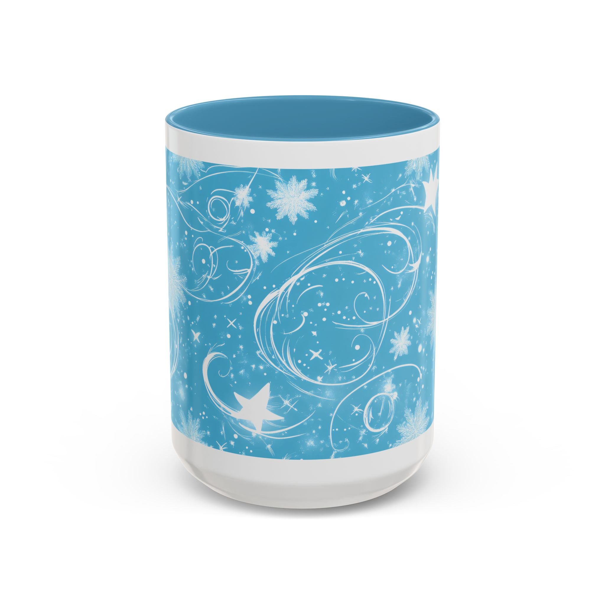 Snowflake Swirl Accent Coffee Mug — Blue Winter Holiday Ceramic Mug (11/15oz)
