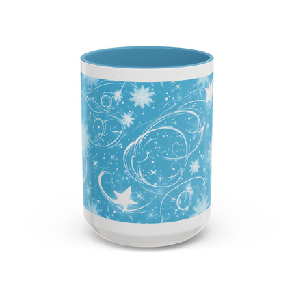 Snowflake Swirl Accent Coffee Mug — Blue Winter Holiday Ceramic Mug (11/15oz)