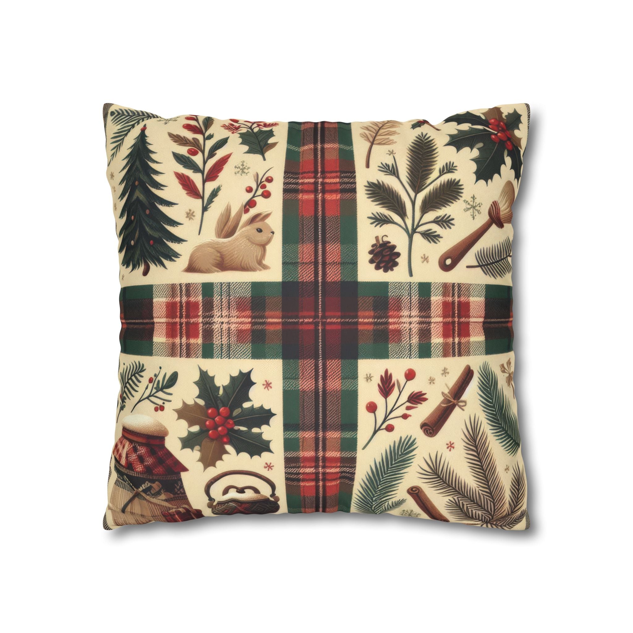 Rustic Holiday Plaid Pillowcase — Winter Woodland Faux Suede Throw Pillow Cover