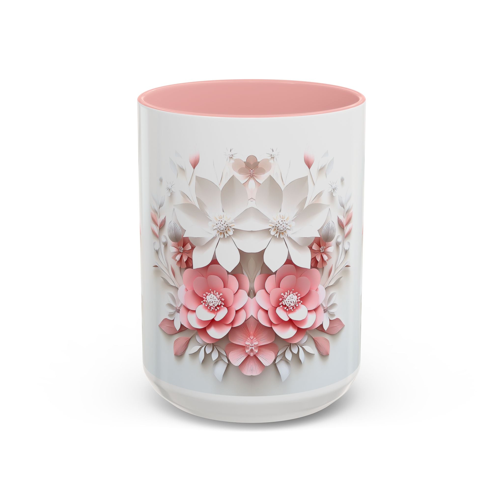 Floral Paper-Cut Accent Coffee Mug — Pink & White Blossom Design (11/15 oz)