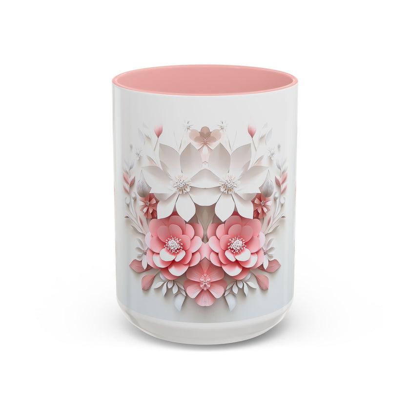 Floral Paper-Cut Accent Coffee Mug — Pink & White Blossom Design (11/15 oz)