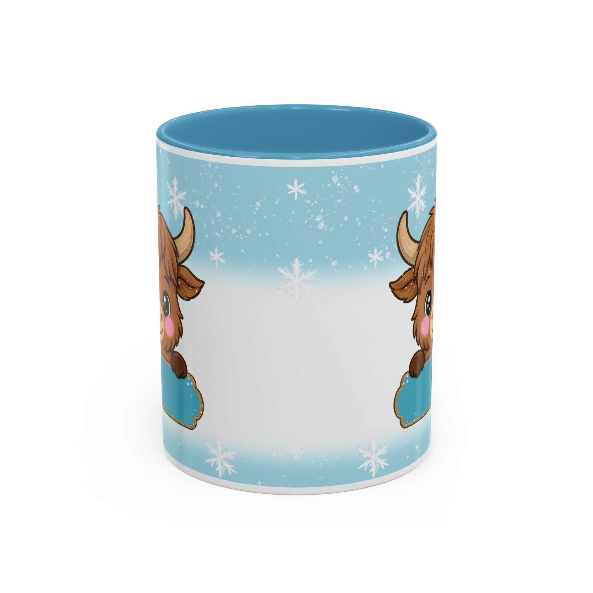 Cute Highland Cow Accent Coffee Mug — Winter Snowflake Design