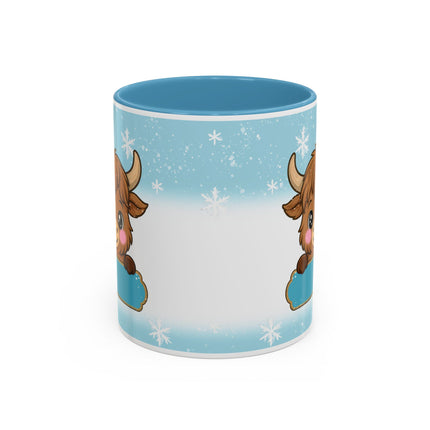 Cute Highland Cow Accent Coffee Mug — Winter Snowflake Design