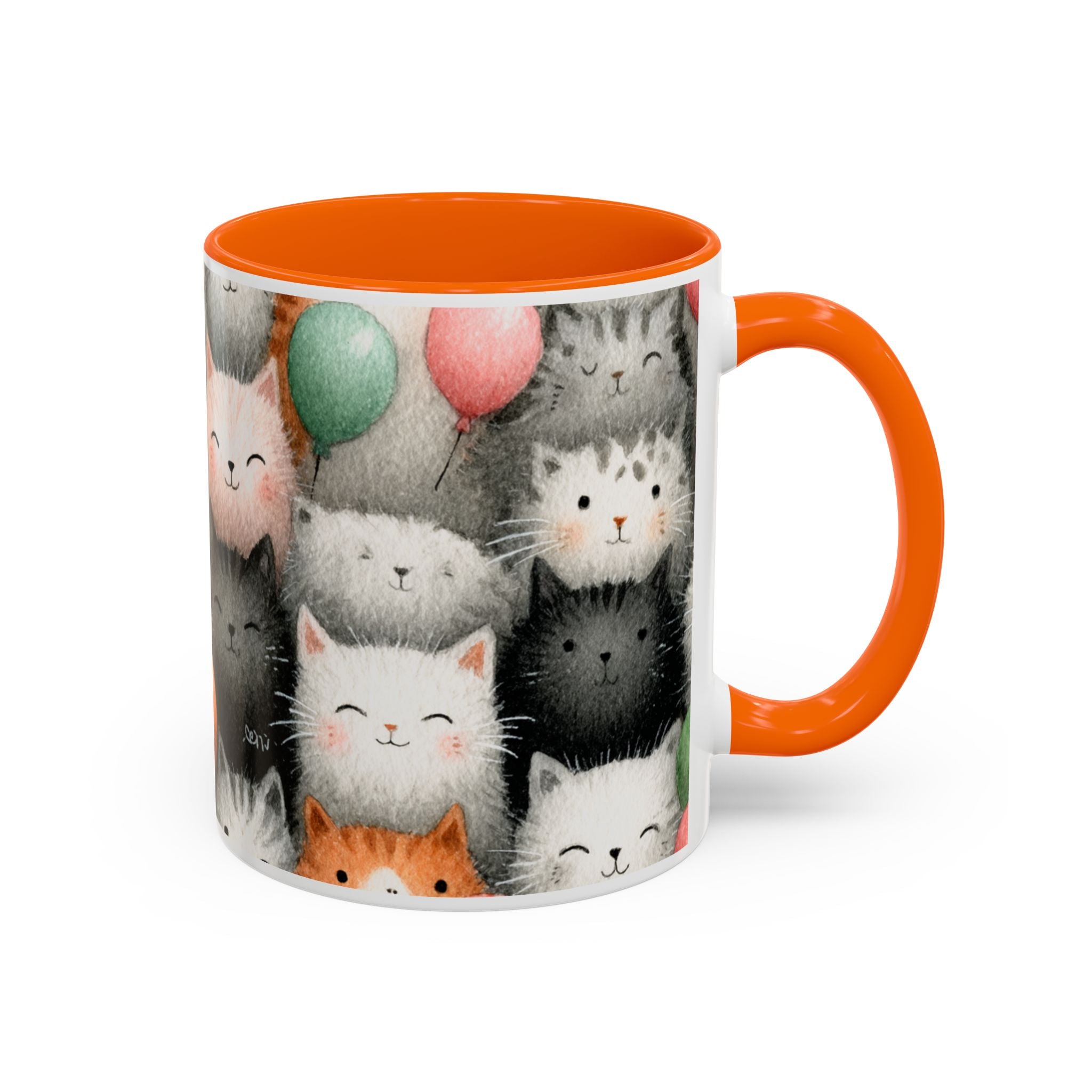 Cute Cat Pattern Accent Coffee Mug — Happy Kittens with Balloons (11/15 oz)
