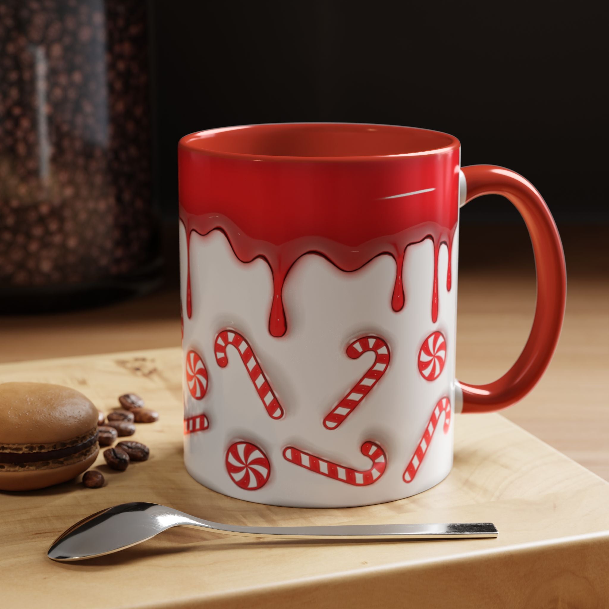 Candy Cane Accent Coffee Mug — Red Drip Holiday Peppermint Design (11/15oz)