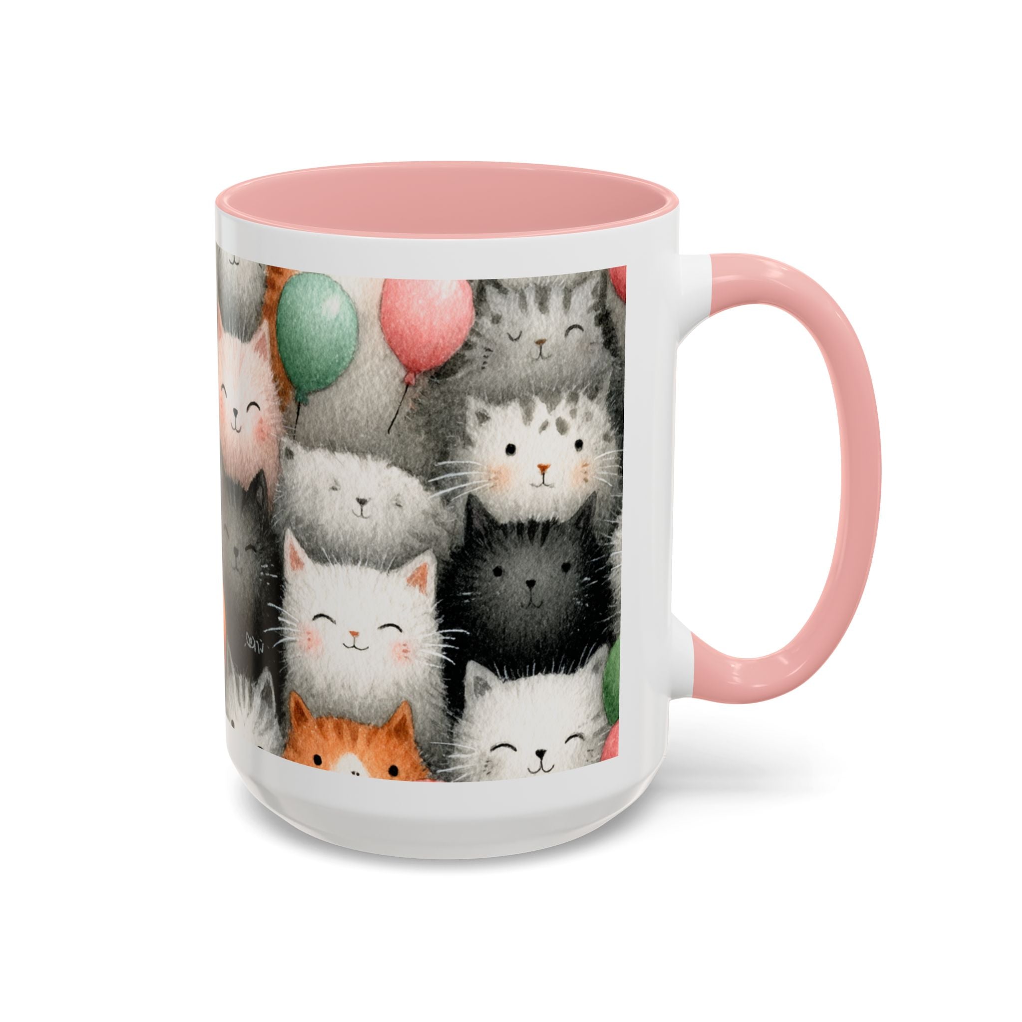 Cute Cat Pattern Accent Coffee Mug — Happy Kittens with Balloons (11/15 oz)