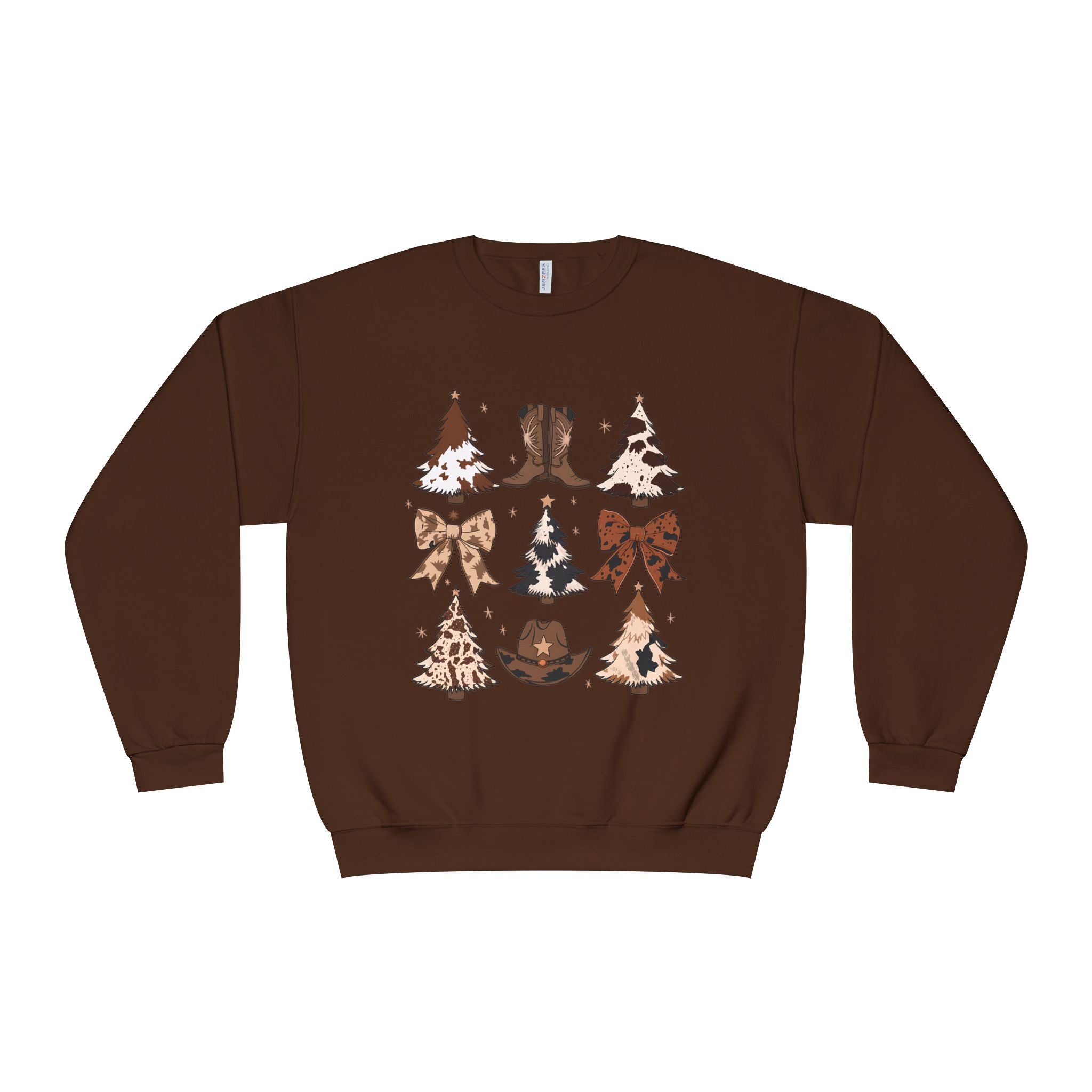 Christmas Cowboy/Cowgirl Sweatshirt — Western Cowhide Trees & Boots Holiday Crewneck