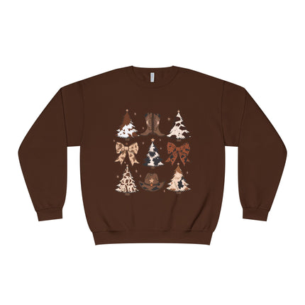 Christmas Cowboy/Cowgirl Sweatshirt — Western Cowhide Trees & Boots Holiday Crewneck