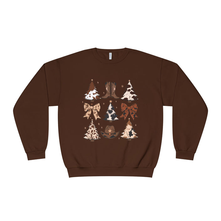 Christmas Cowboy/Cowgirl Sweatshirt — Western Cowhide Trees & Boots Holiday Crewneck
