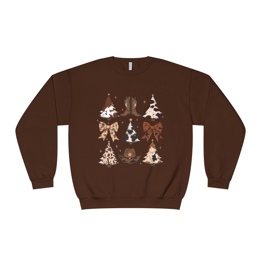 Christmas Cowboy/Cowgirl Sweatshirt — Western Cowhide Trees & Boots Holiday Crewneck
