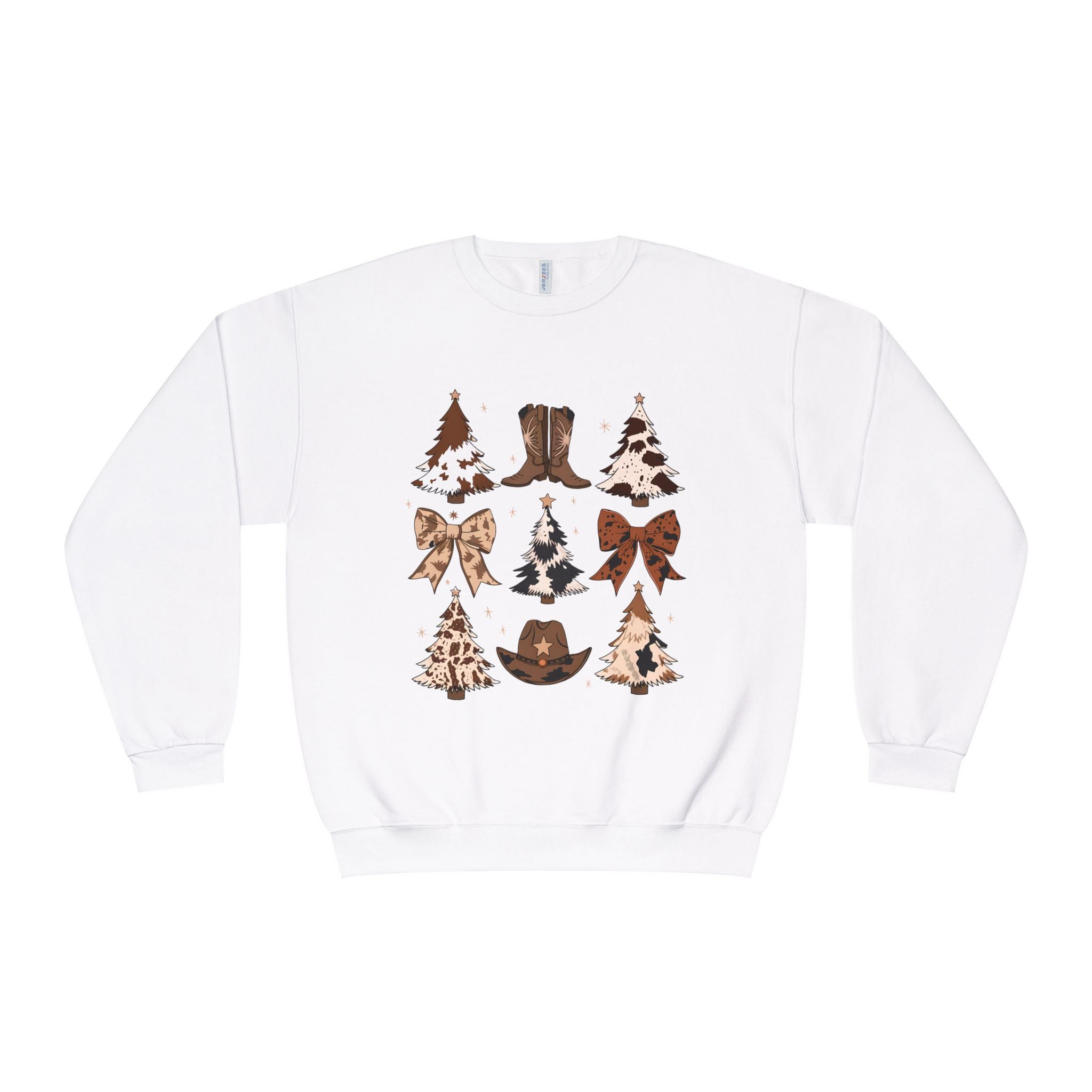 Christmas Cowboy/Cowgirl Sweatshirt — Western Cowhide Trees & Boots Holiday Crewneck