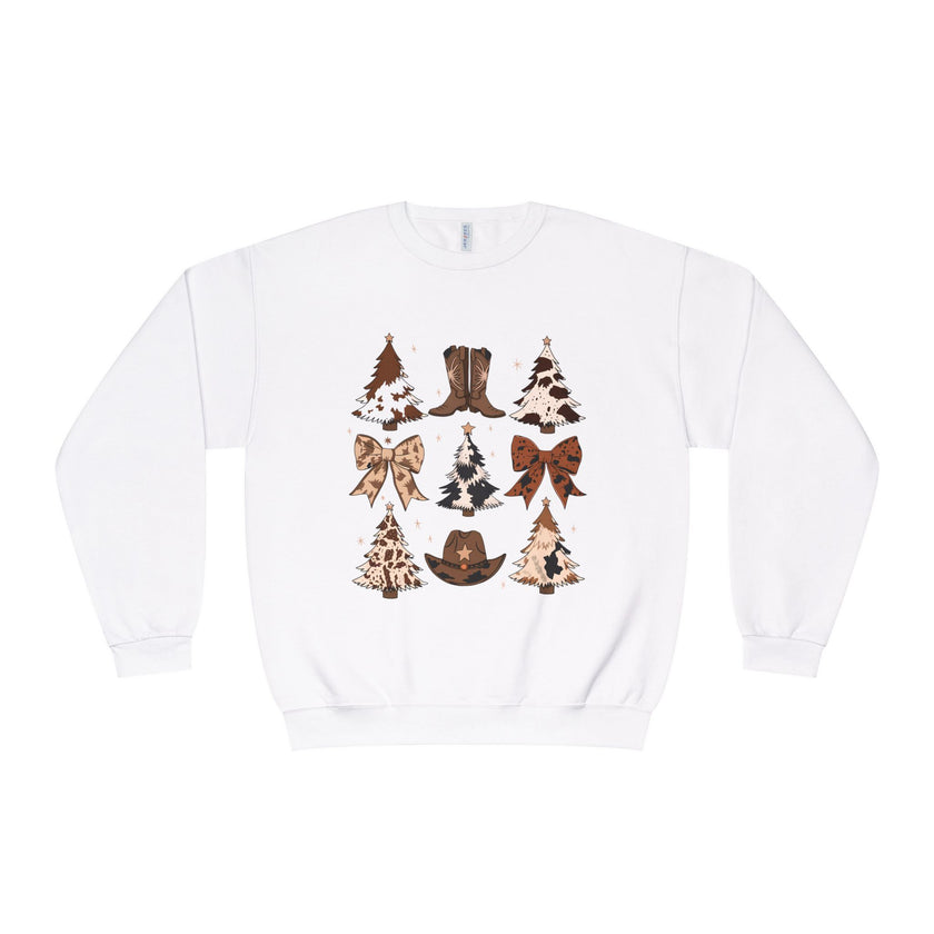 Christmas Cowboy/Cowgirl Sweatshirt — Western Cowhide Trees & Boots Holiday Crewneck