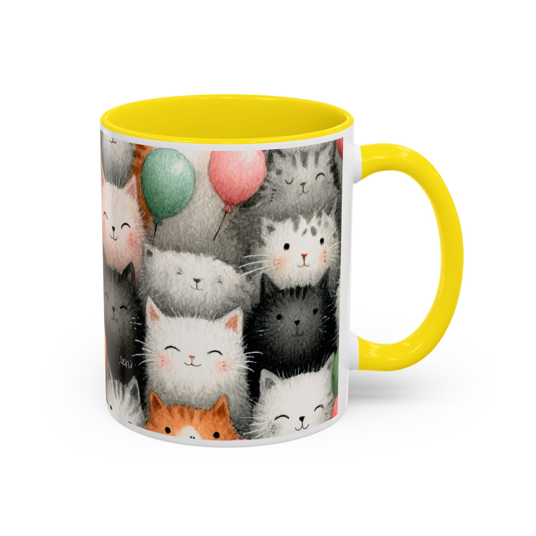 Cute Cat Pattern Accent Coffee Mug — Happy Kittens with Balloons (11/15 oz)
