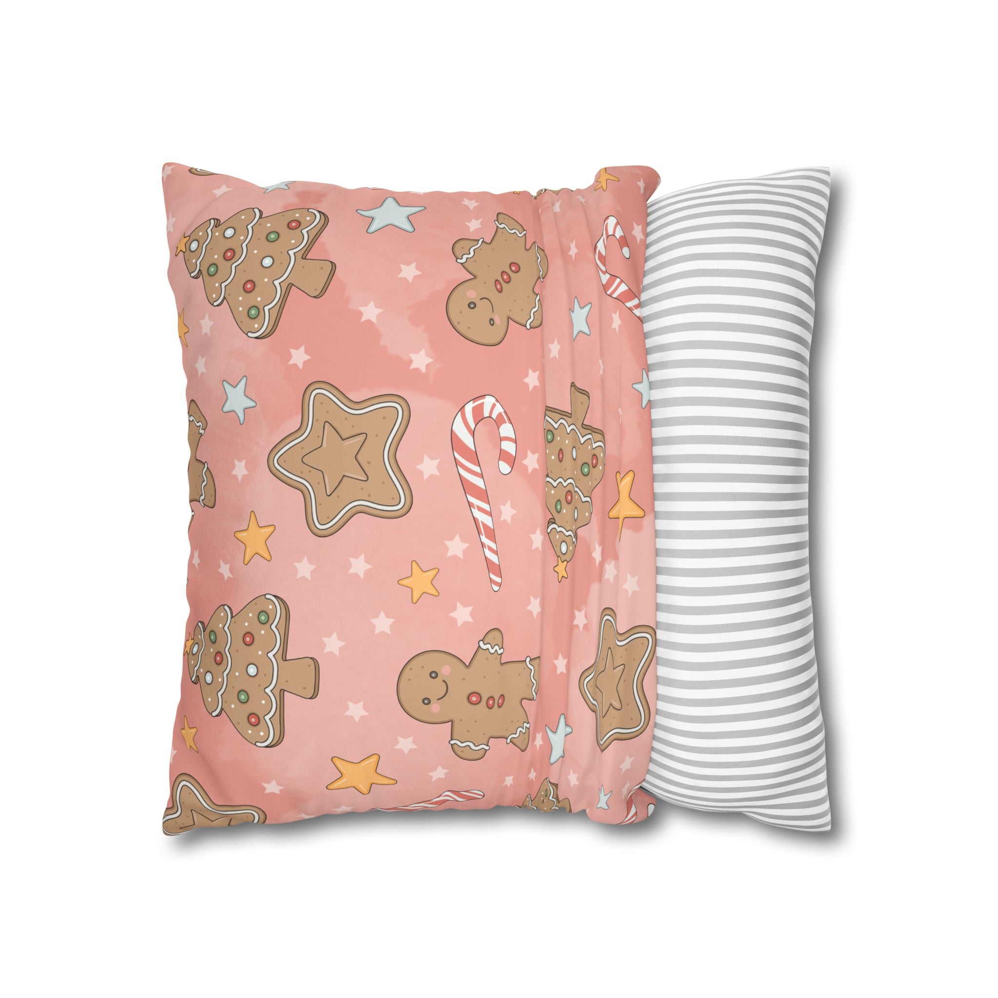 Gingerbread Cookies Pink Holiday Throw Pillow Cover — Faux Suede Square Pillowcase