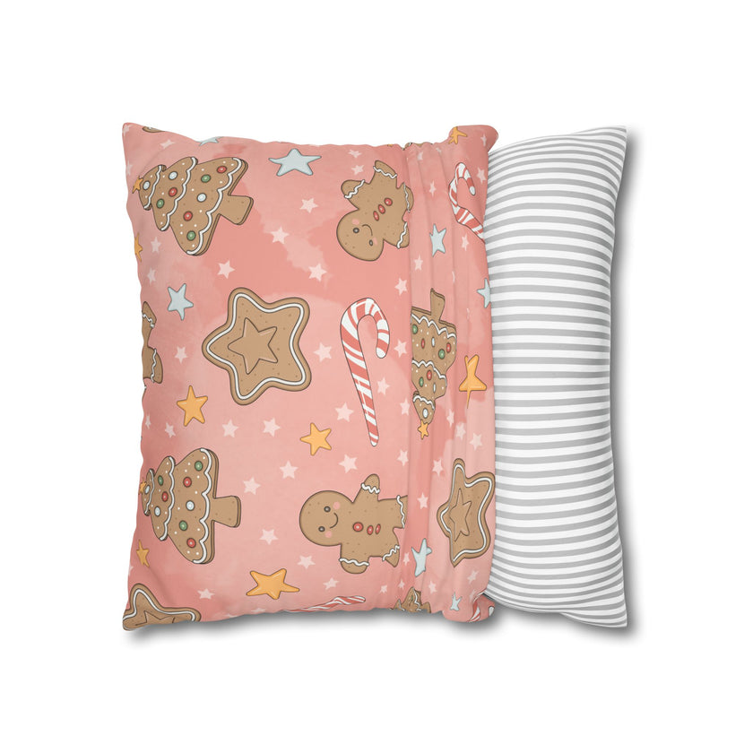 Gingerbread Cookies Pink Holiday Throw Pillow Cover — Faux Suede Square Pillowcase