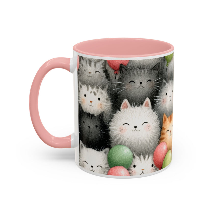 Cute Cat Pattern Accent Coffee Mug — Happy Kittens with Balloons (11/15 oz)