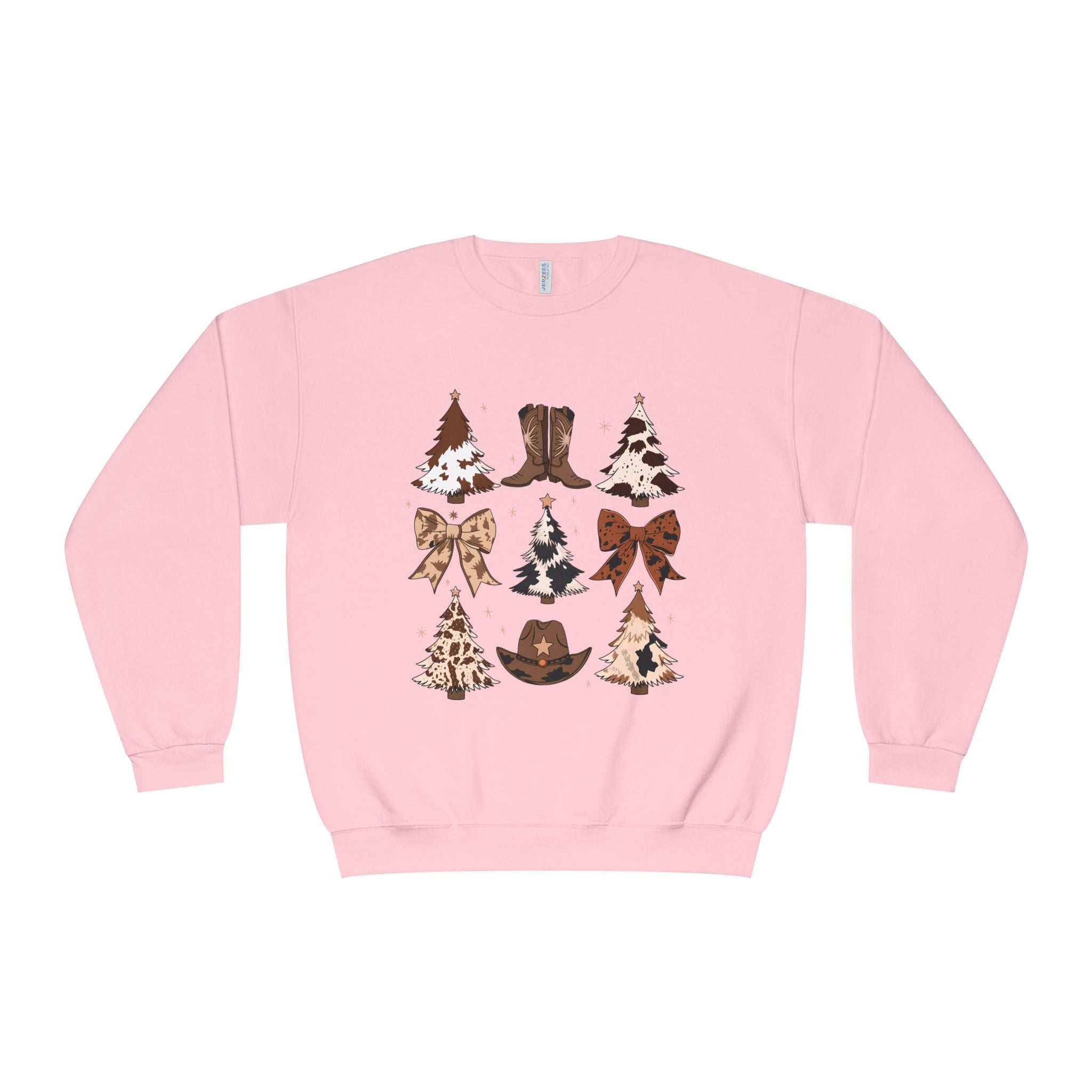 Christmas Cowboy/Cowgirl Sweatshirt — Western Cowhide Trees & Boots Holiday Crewneck