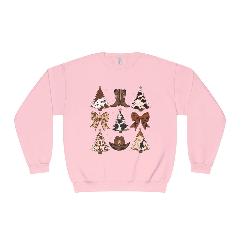 Christmas Cowboy/Cowgirl Sweatshirt — Western Cowhide Trees & Boots Holiday Crewneck