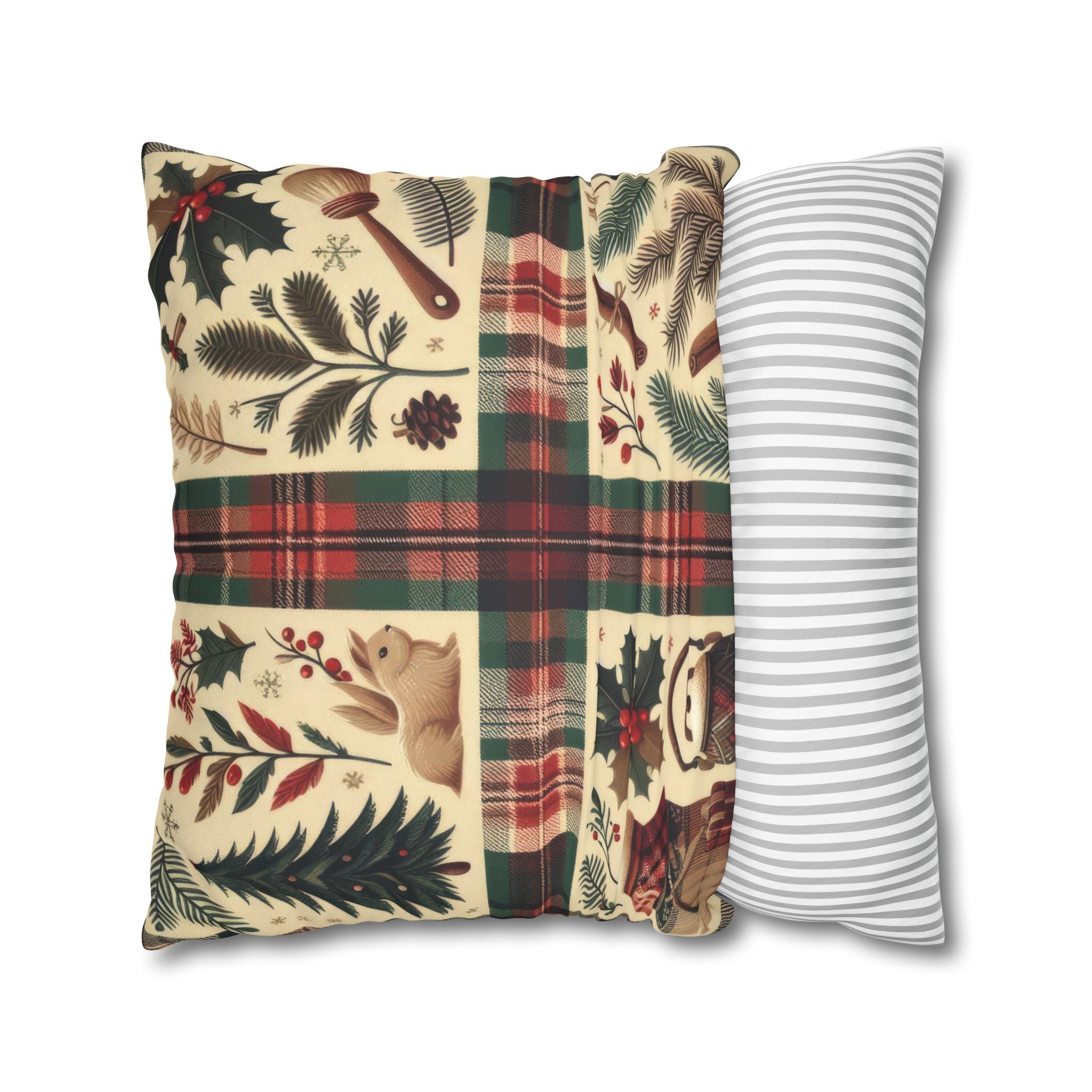 Rustic Holiday Plaid Pillowcase — Winter Woodland Faux Suede Throw Pillow Cover