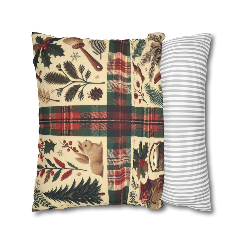 Rustic Holiday Plaid Pillowcase — Winter Woodland Faux Suede Throw Pillow Cover