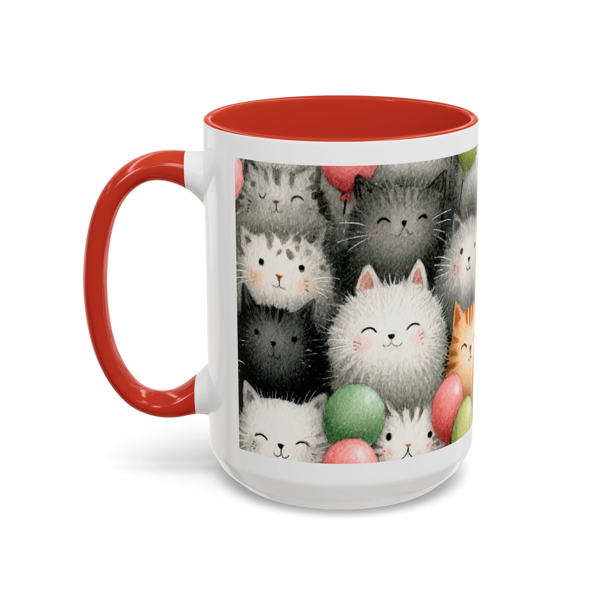 Cute Cat Pattern Accent Coffee Mug — Happy Kittens with Balloons (11/15 oz)