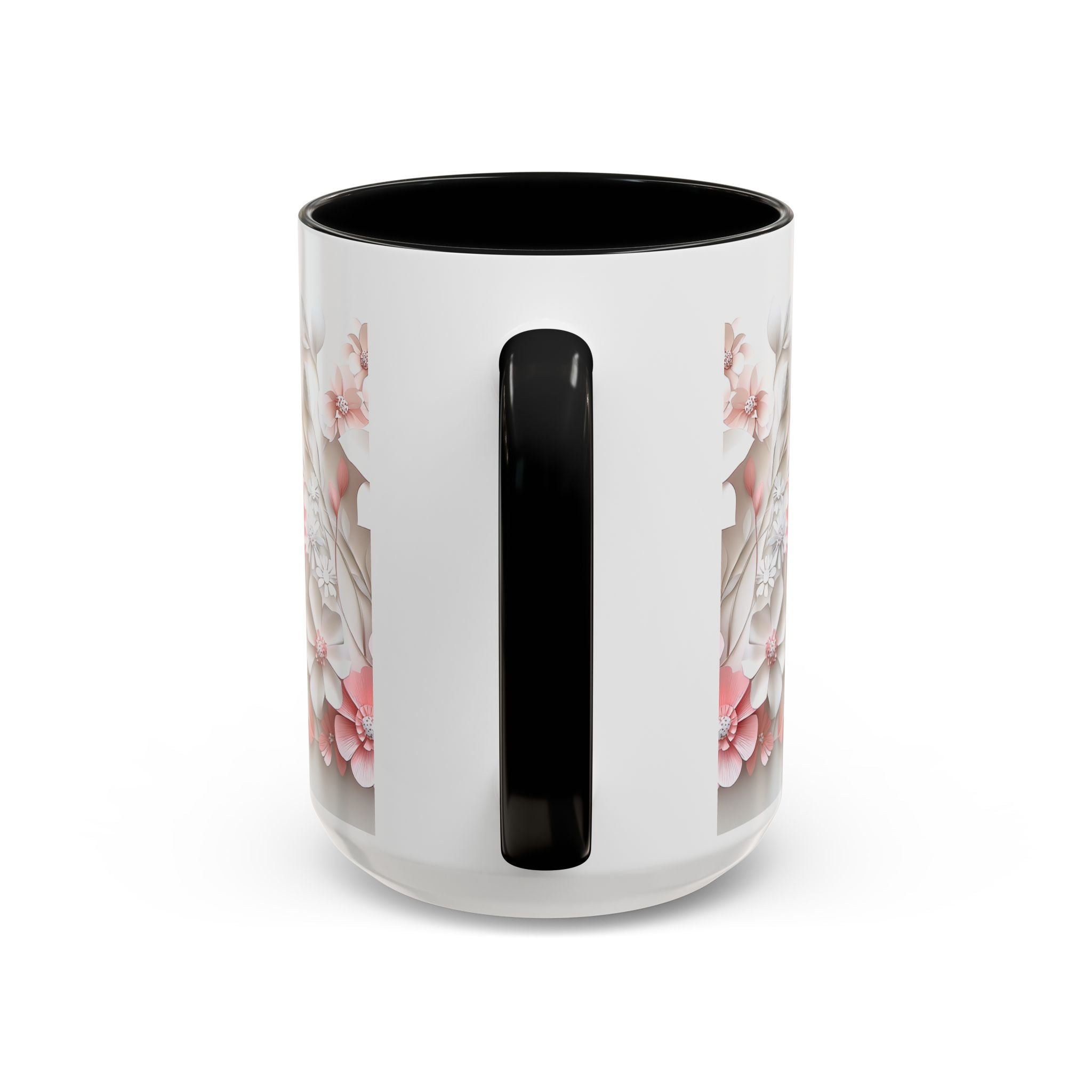 Floral Paper-Cut Accent Coffee Mug — Pink & White Blossom Design (11/15 oz)