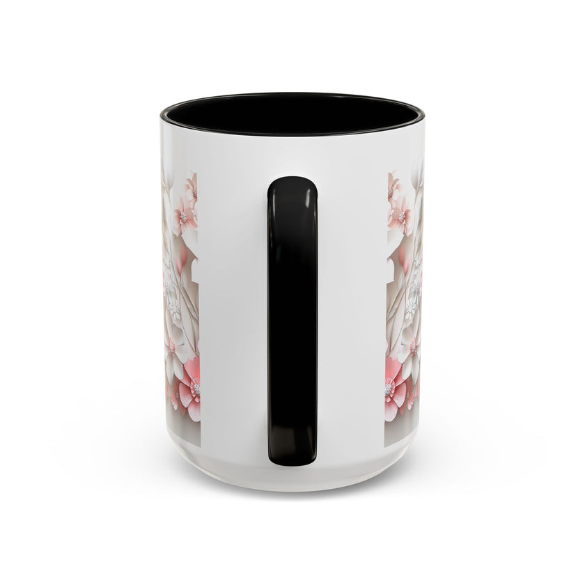 Floral Paper-Cut Accent Coffee Mug — Pink & White Blossom Design (11/15 oz)