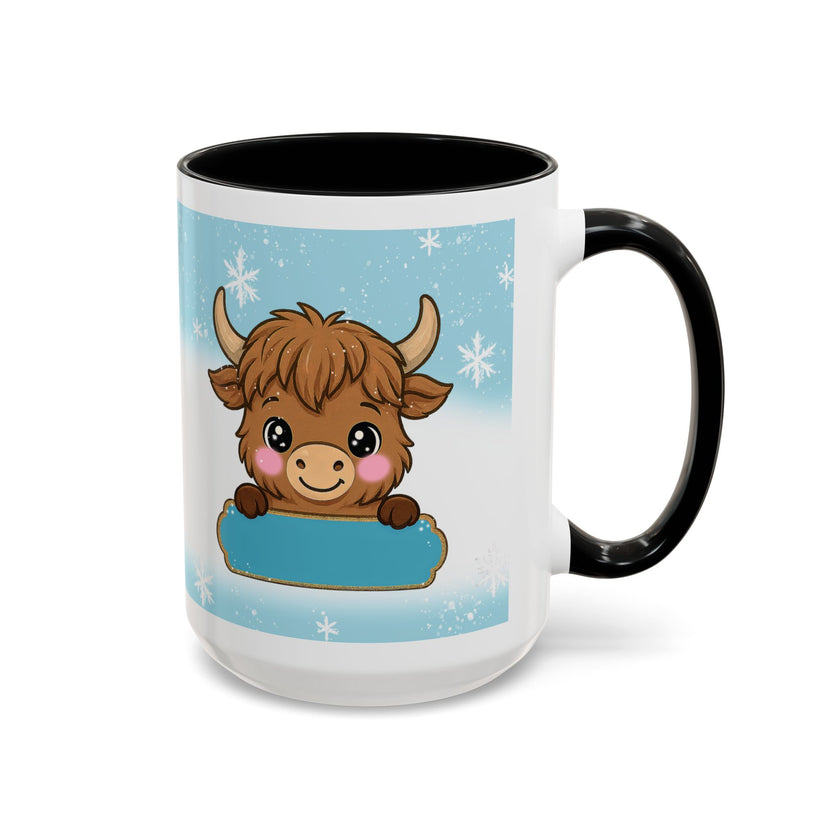 Cute Highland Cow Accent Coffee Mug — Winter Snowflake Design