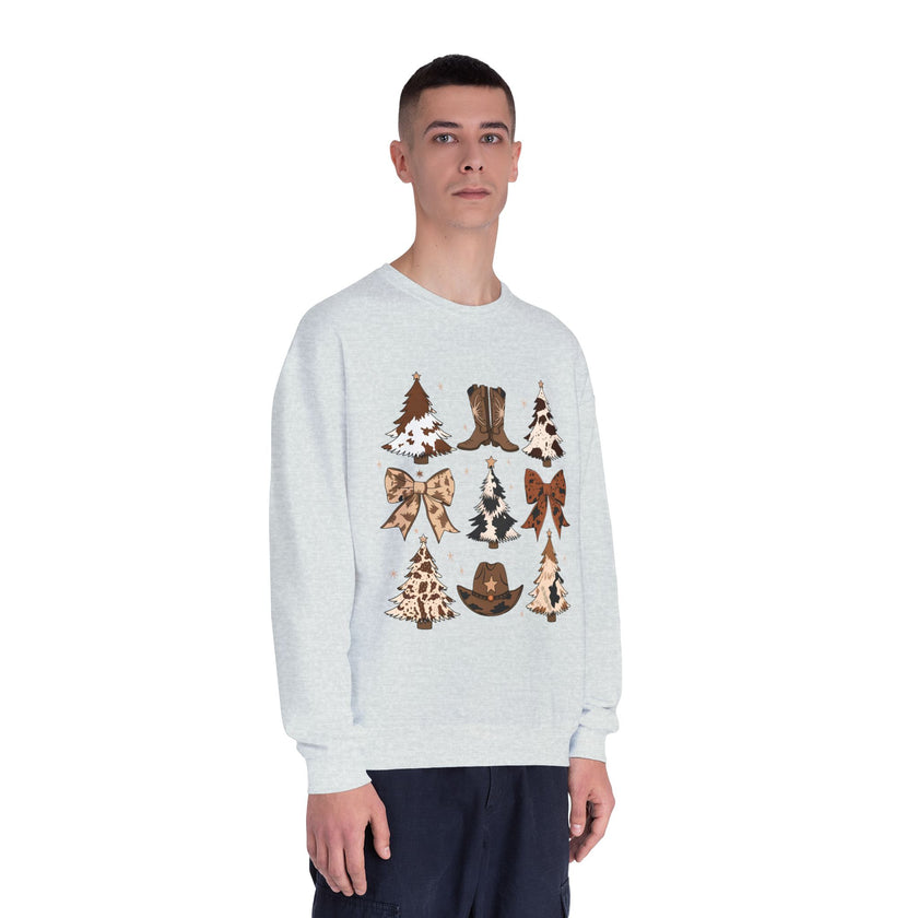 Christmas Cowboy/Cowgirl Sweatshirt — Western Cowhide Trees & Boots Holiday Crewneck