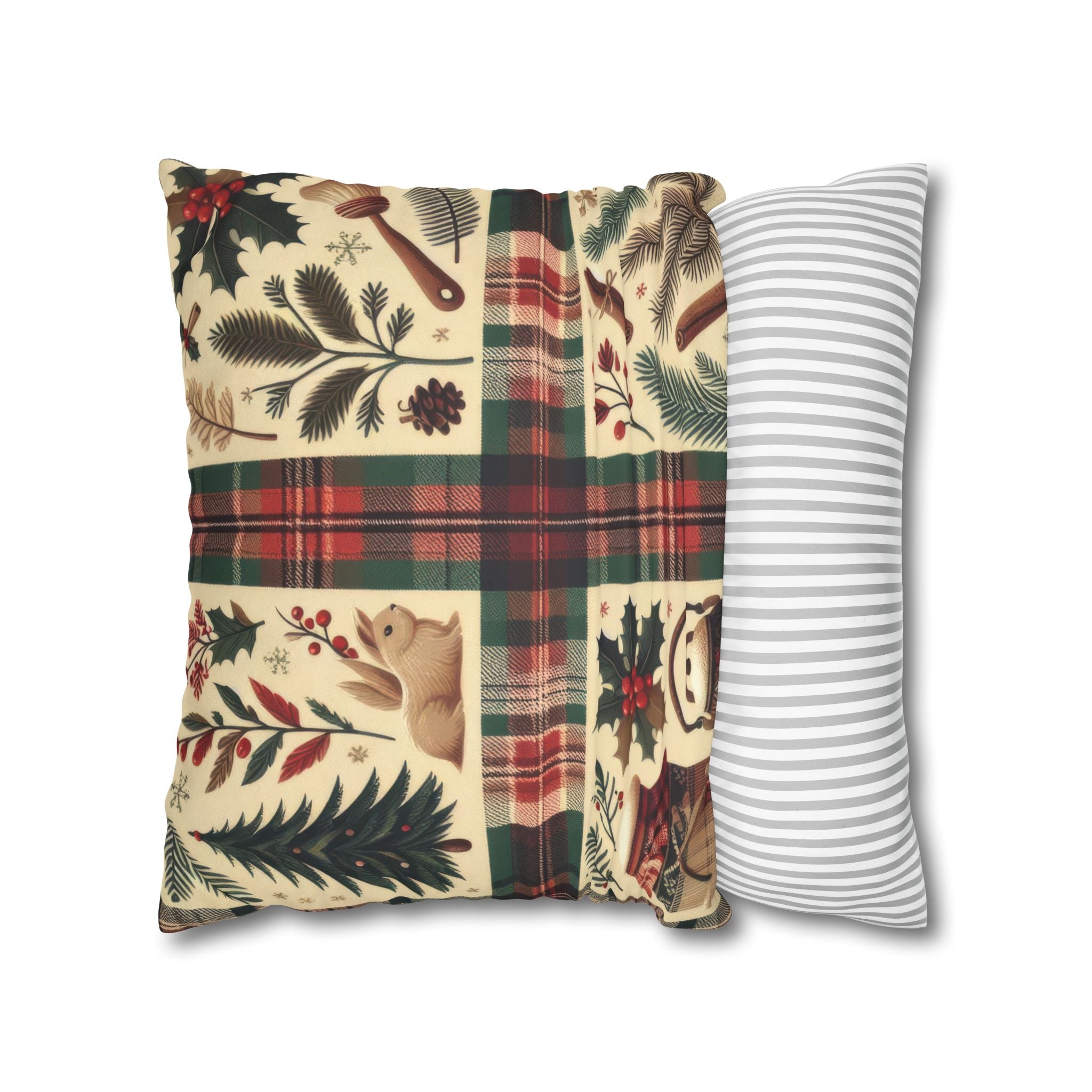 Rustic Holiday Plaid Pillowcase — Winter Woodland Faux Suede Throw Pillow Cover