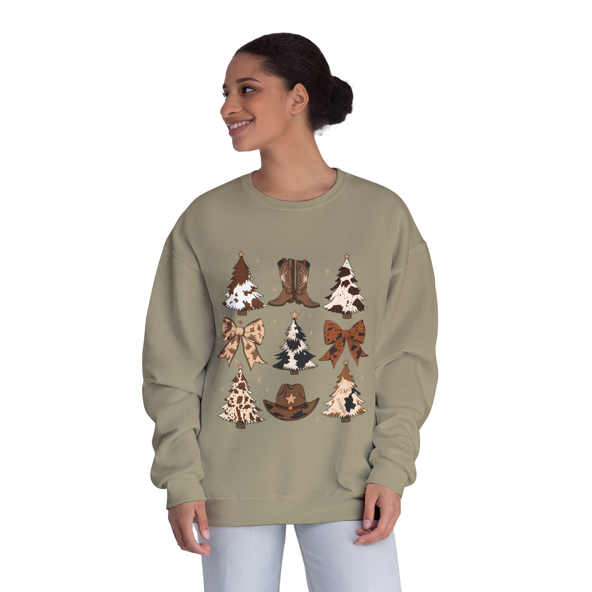 Christmas Cowboy/Cowgirl Sweatshirt — Western Cowhide Trees & Boots Holiday Crewneck