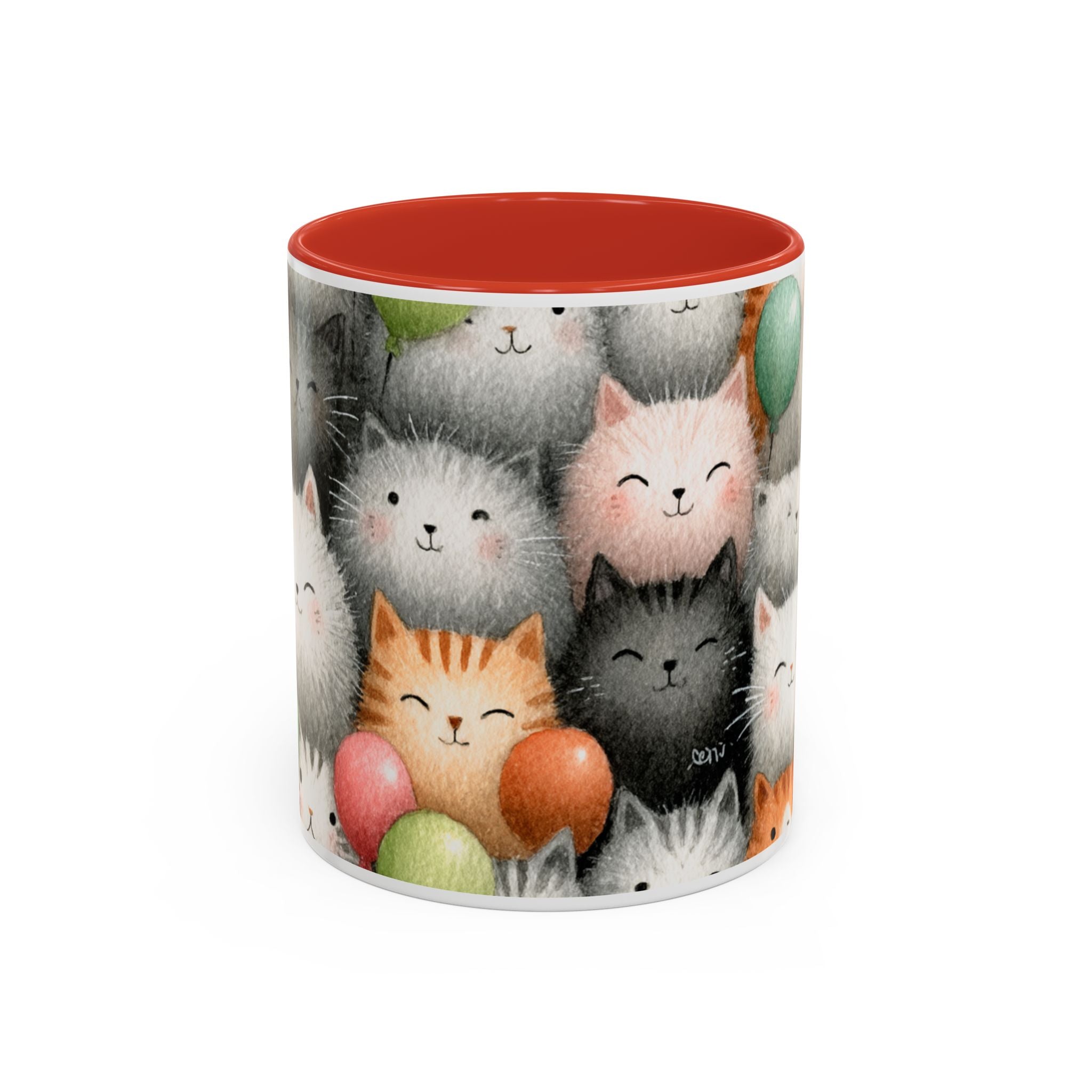 Cute Cat Pattern Accent Coffee Mug — Happy Kittens with Balloons (11/15 oz)