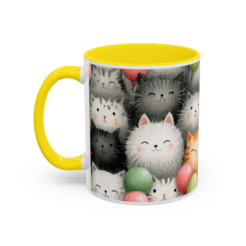 Cute Cat Pattern Accent Coffee Mug — Happy Kittens with Balloons (11/15 oz)