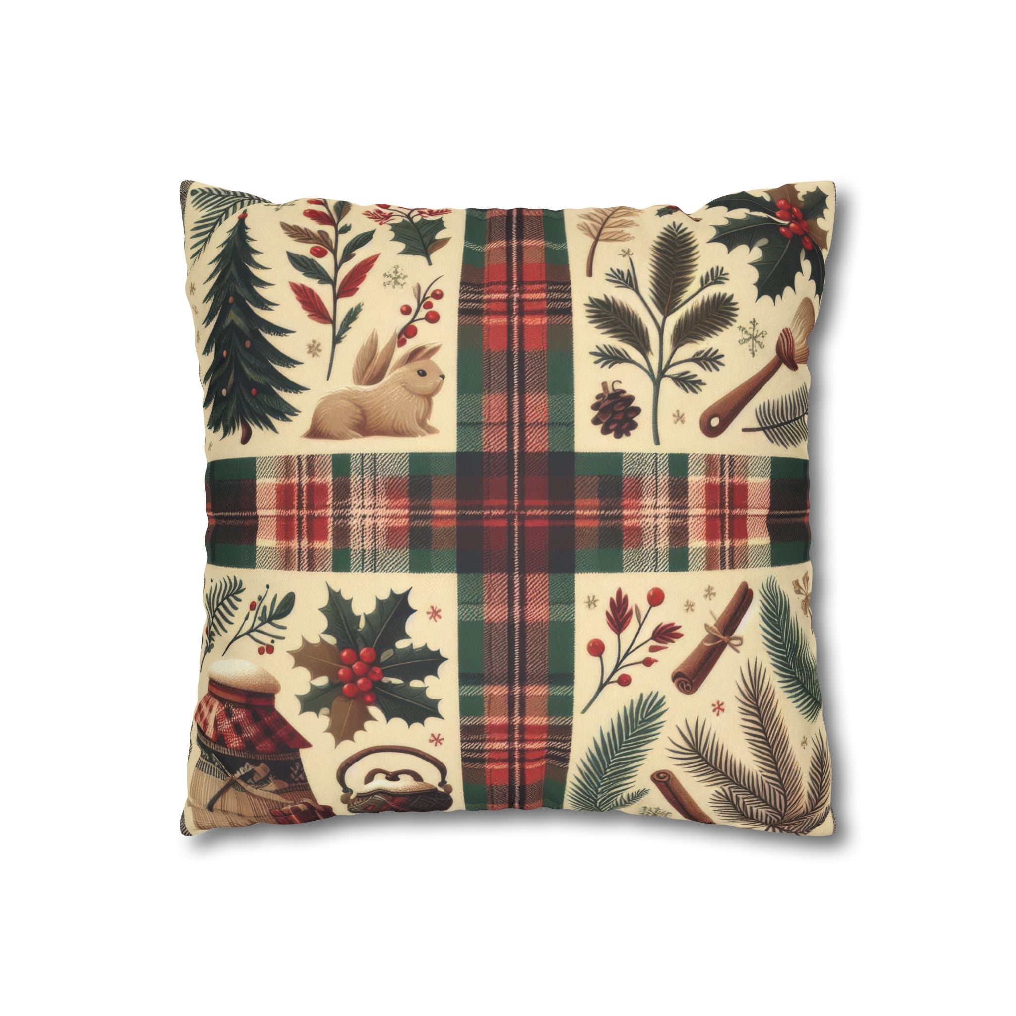 Rustic Holiday Plaid Pillowcase — Winter Woodland Faux Suede Throw Pillow Cover