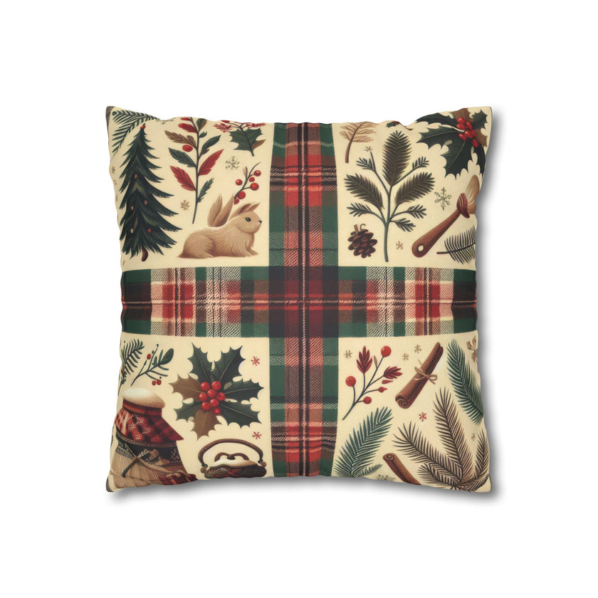 Rustic Holiday Plaid Pillowcase — Winter Woodland Faux Suede Throw Pillow Cover